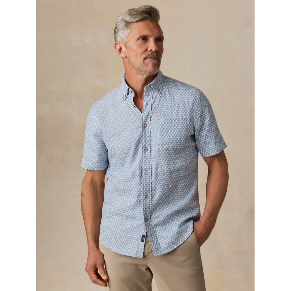 Faherty Short-Sleeve Breeze Shirt Fishscale Redux Blue White Sz XXL Lightweight